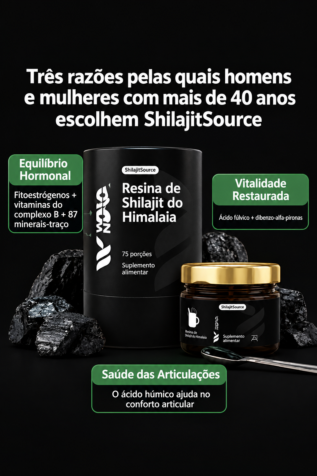 Anúncio de Shilajit com título para ambos os gêneros