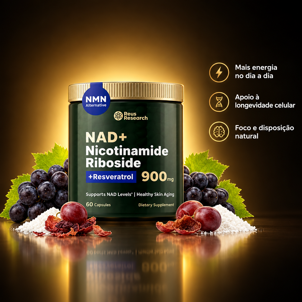 NAD+ em fundo dourado com três benefícios